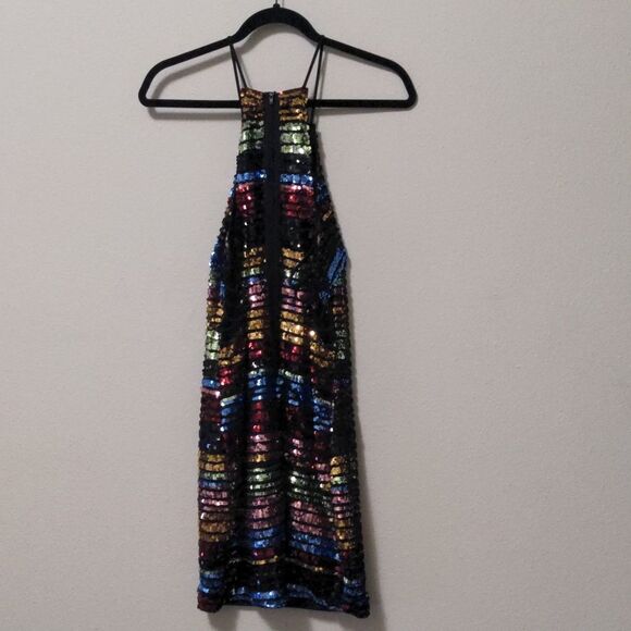 Privy High Neck Rainbow Sequin Mini Dress with Strap Side Cutouts - Picture 6 of 6